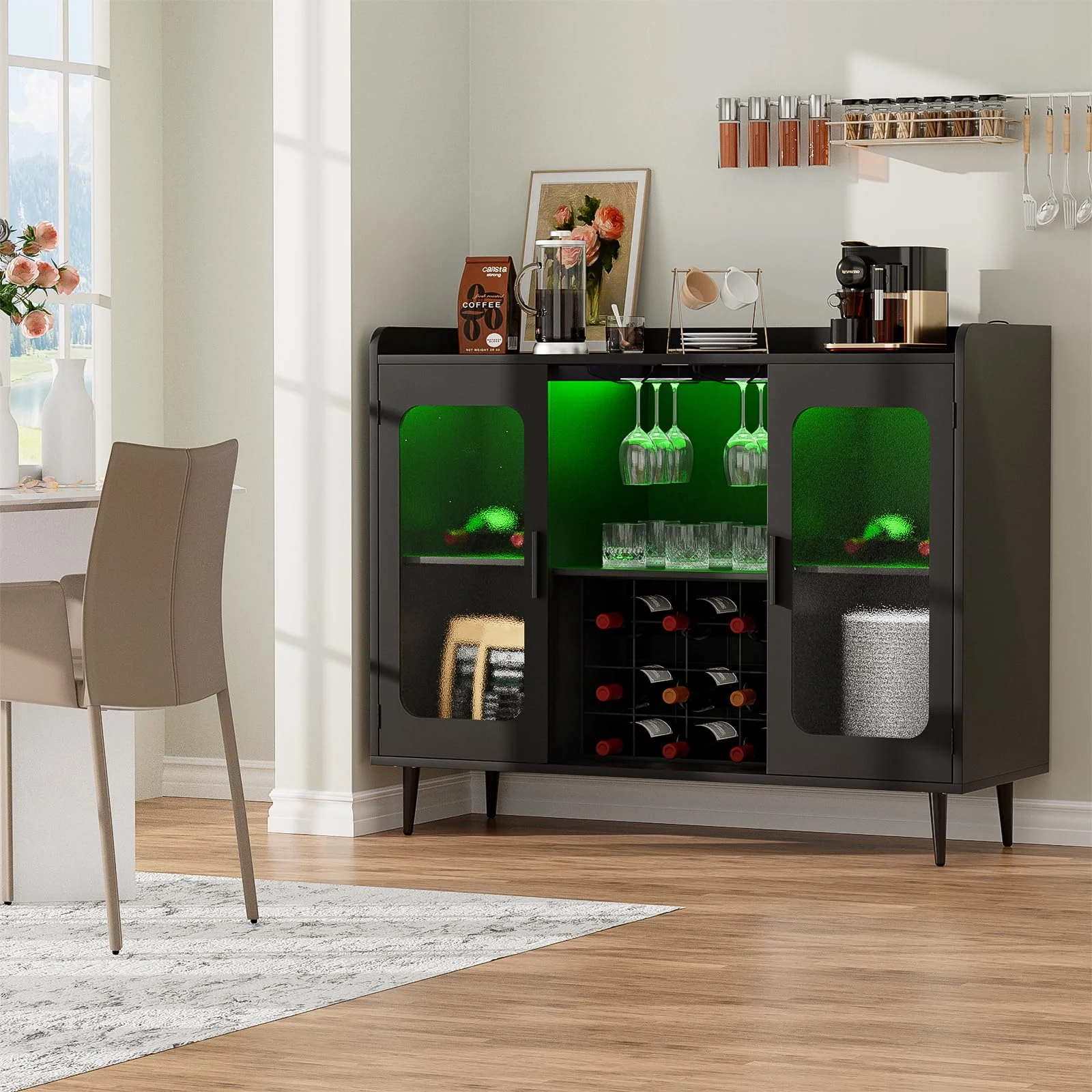 Homieasy Cabinet Bar with Power Outlet & LED Light, Wine Bar Cabinet with Wine and Glasses Rack, Home Coffee Bar Cabinet