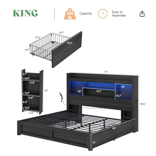 AMERLIFE Queen Bed Frame with 4 Storage Drawers, LED Platform Bed with 49" Bookcase Headboard