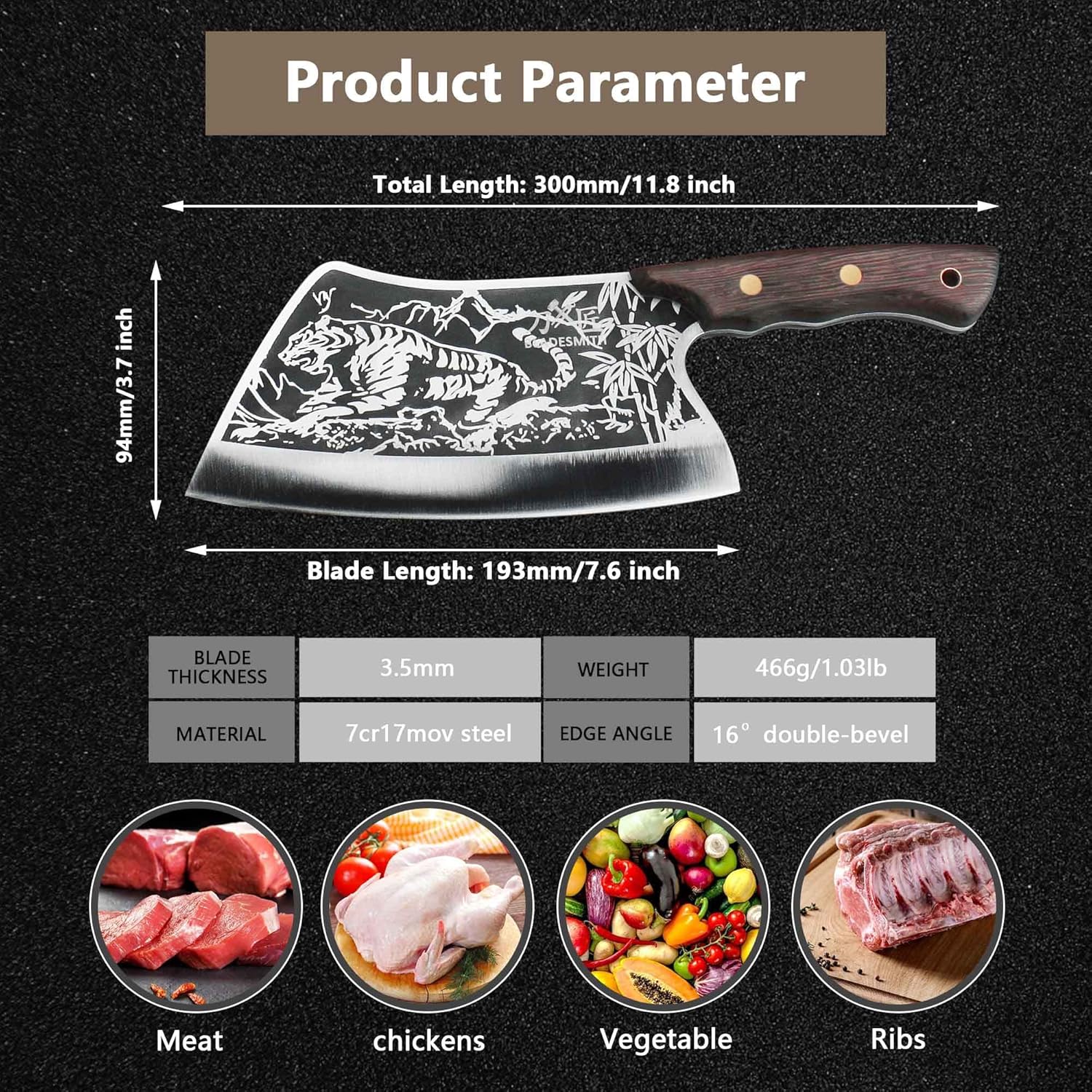 BLADESMITH Meat Cleaver Knife, Heavy Duty Chopping Knife, High Carbon Steel Full Tang Butcher Knife with Sheath