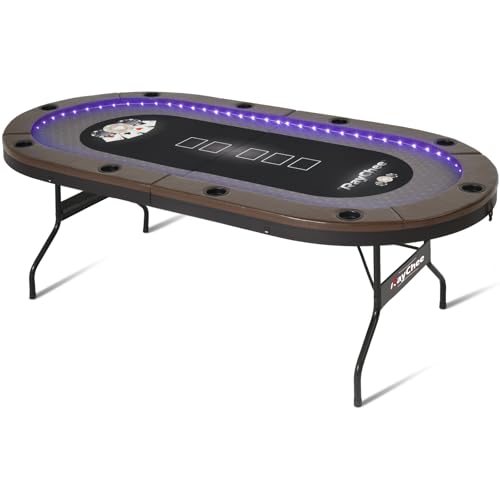 LED Poker Table, 10 Player Foldable Texas Holdem Table w/Inlaid LED Light, 2 USB & 2 Type-c Ports