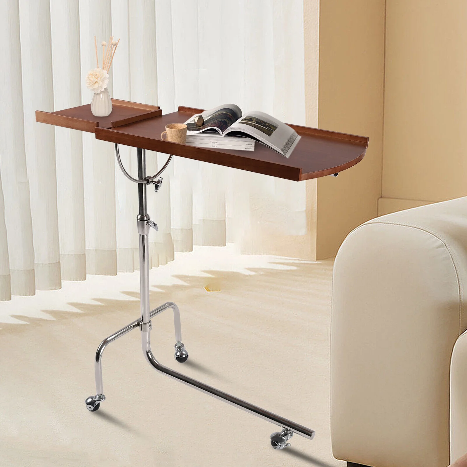 Miumaeov Swivel TV Tray Table C Shape Couch Sofa Table Tray Table Height & Tabletop Adjustable Solid Wood Oversized Table Laptop Desk End Table for