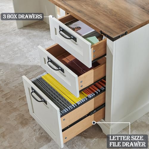 RedLemon 60" Farmhouse L Shaped Executive Desk with Drawers, Wood Home Office Corner Desk with Charging Station, File Drawer, Storage Cabinet