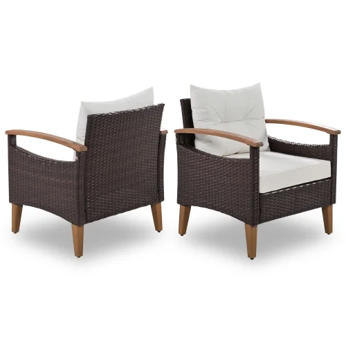 Churanty Patio Conversation Set, 4-Piece Outdoor Garden Furniture Set, Patio Seating Set, PE Rattan Outdoor Sofa Set, Wood Table and Legs