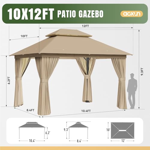 AOXUN Outdoor Gazebo for Patio 10x12, Metal Frame Canopy with Double Roofs