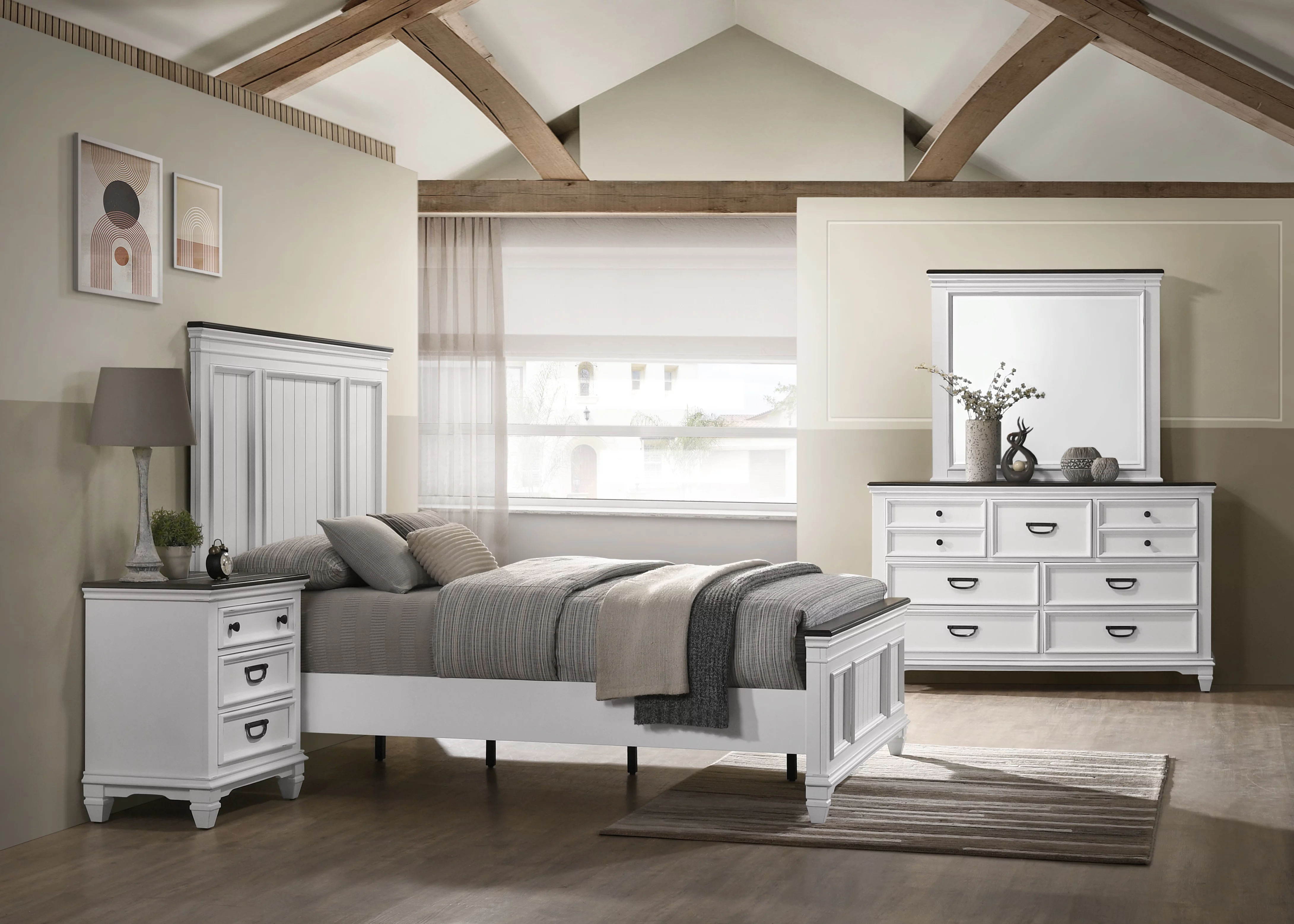 Roundhill Clelane Weathered White and Gray Finished 6-Piece Bedroom Set, Shiplap Panel Queen