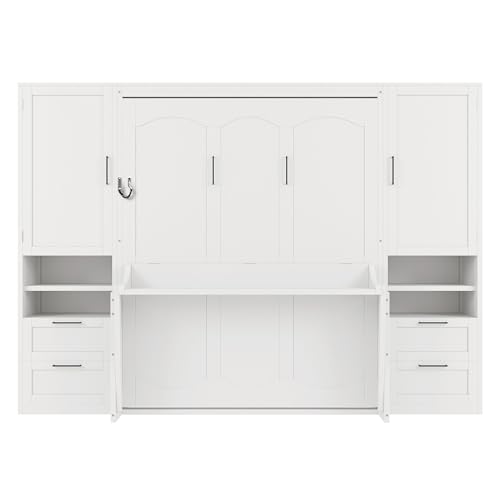 Queen Size Murphy Bed Wall Bed with Desk and Closet,Drawers and Shelves,for Small Spaces Studio Study Office Guest Room Use (Gray#Desk, Queen)