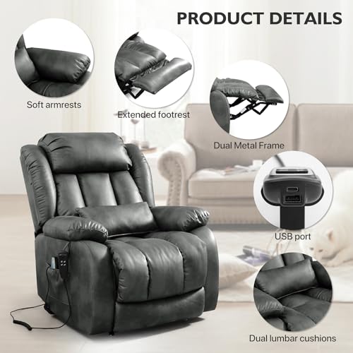 EDILLY Large Genuine Leather Power Lift Recliner Chairs for Elderly, Dual Motor with Massage and Heating,Double Lumbar Cushion and Extended Footrest