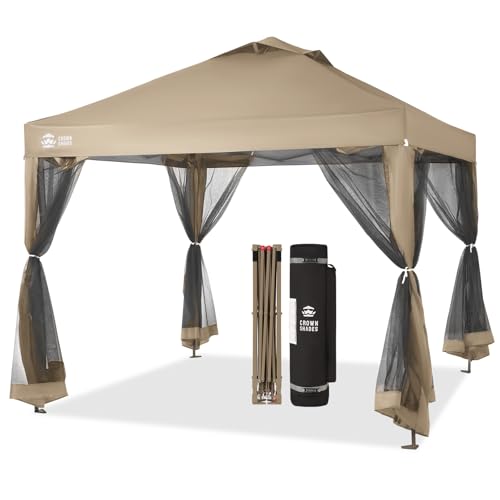 CROWN SHADES Gazebo 10x10 Pop Up Canopy with Mosquito Netting, Screen Tent with 4 Ropes, 8 Stakes, 4 Sandbags and Wheeled Storage Bag