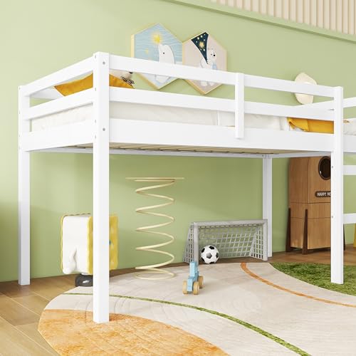 Low Loft Bed Twin Size, Kids Solid Wood Modern Loft Bed Frame with Ladder and Safety Guardrail for Girls Boys, Noise-Free,Non-Toxic Finishes