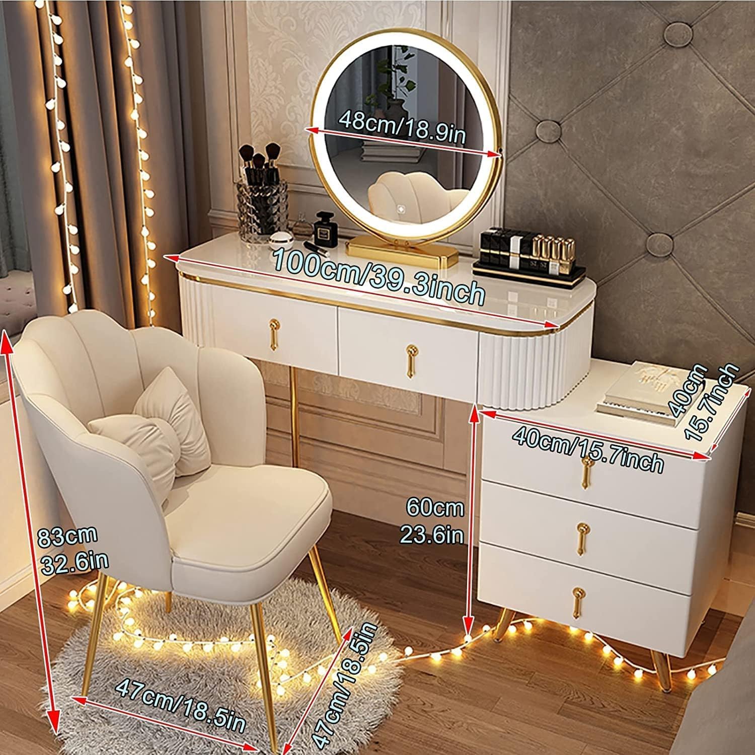 Vanity Table Vanity Desk Modern Vanity Desk with Mirror Dressing Table 5 Drawers Nightstand with Stainless Steel Legs Vanity Table with Back Chair