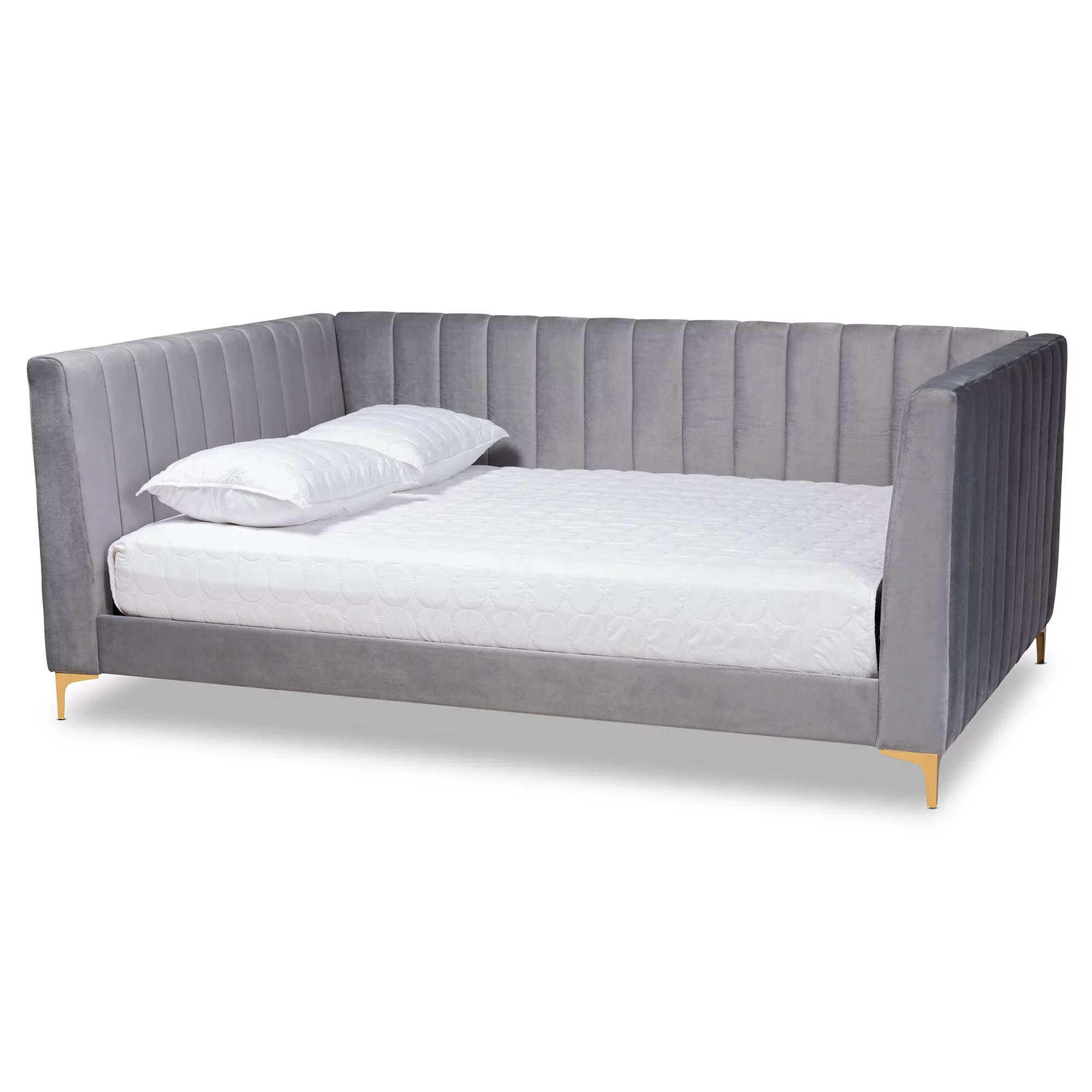 Baxton Studio Oksana Modern Contemporary Glam and Luxe Light Grey Velvet Fabric Upholstered and Gold Finished Full Daybed
