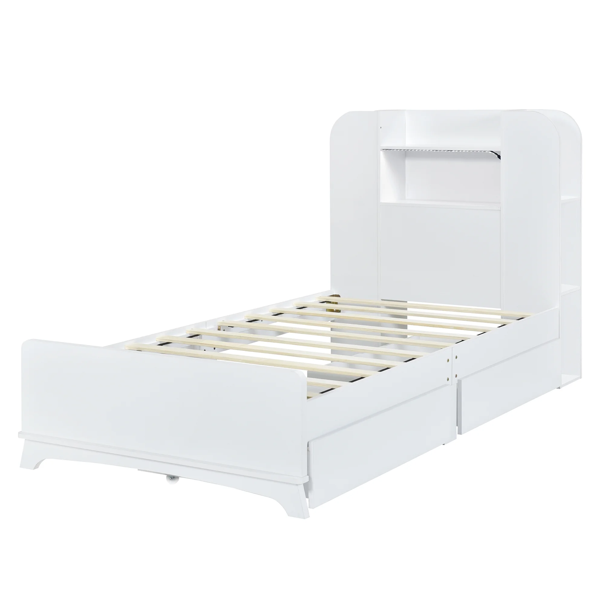 EUROCO Wood Twin Size Platform Bed with Storage Headboard and 2 Drawers, Open Shelf and LED Light for Kids Teens Adults, White