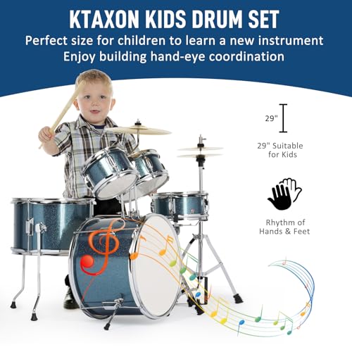 Ktaxon 5-Piece Complete Junior Drums Set, 14 Inch Beginners Drum Kit with Throne Stool, Pedal & Drumsticks, Kids Drums Musical Instruments W/Cymbal