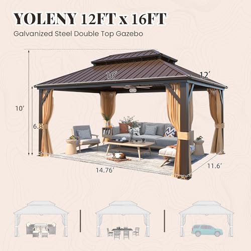 YOLENY 10' x 12' Hardtop Gazebo, Metal Gazebo with Aluminum Frame, Double Galvanized Steel Roof, Curtains and Netting Included