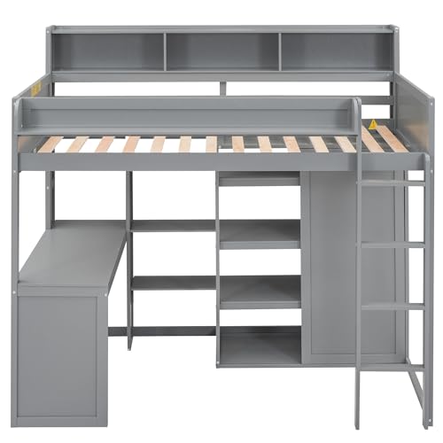 Full Size Loft Bed with L-Shaped Desk, Wardrobe and Storage Shelves, Solid Wood Bedframe w/Safety Guardrails & Ladder for Kids Teens Adults