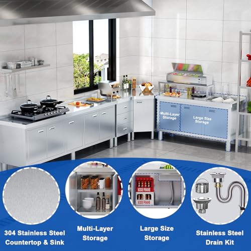 ZZV Freestanding Stainless Steel Sink with Cabinet Heavy Duty Utility Sink Commercial for Kitchen Restaurant Hotel Cafe and Outdoor