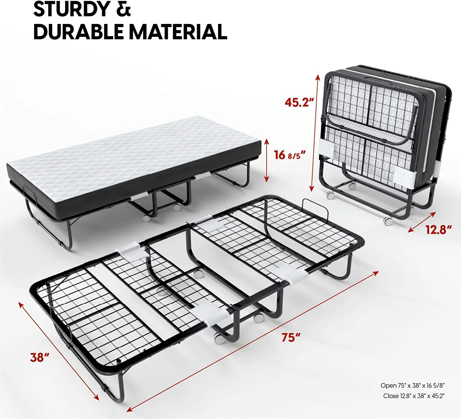 EconoHome Folding Bed with Mattress - 75x38 Cot Size Bed Frame - Portable Foldable Roll Away Adult Bed for Guest