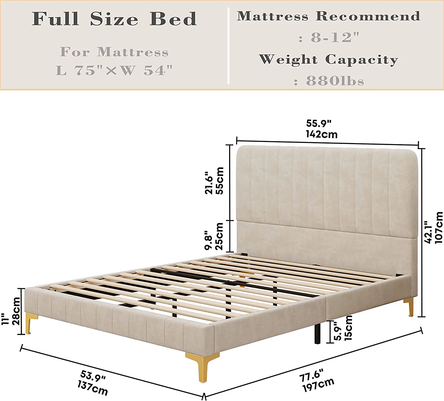 LIKIMIO Full Size Bed Frame, Upholstered Platform Bed Full with Headboard and Strong Metal/Wood Supports, Easy Assembly, Noise-Free