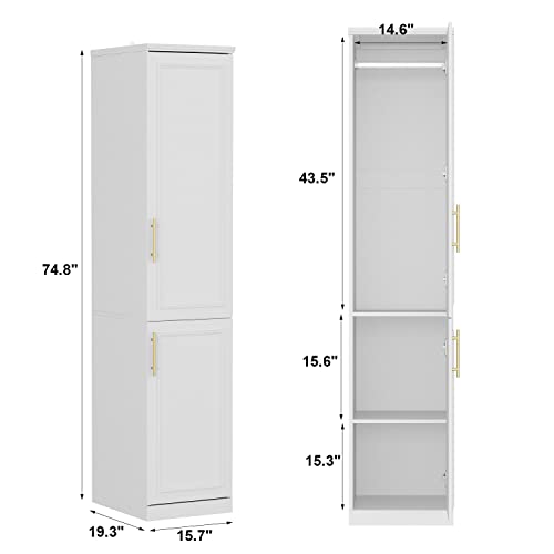 FAMAPY 2 Door Wardrobe Closet, Tall and Narrow Armoire Wardrobe Closet with Hanging Rod, Gold Metal Handles