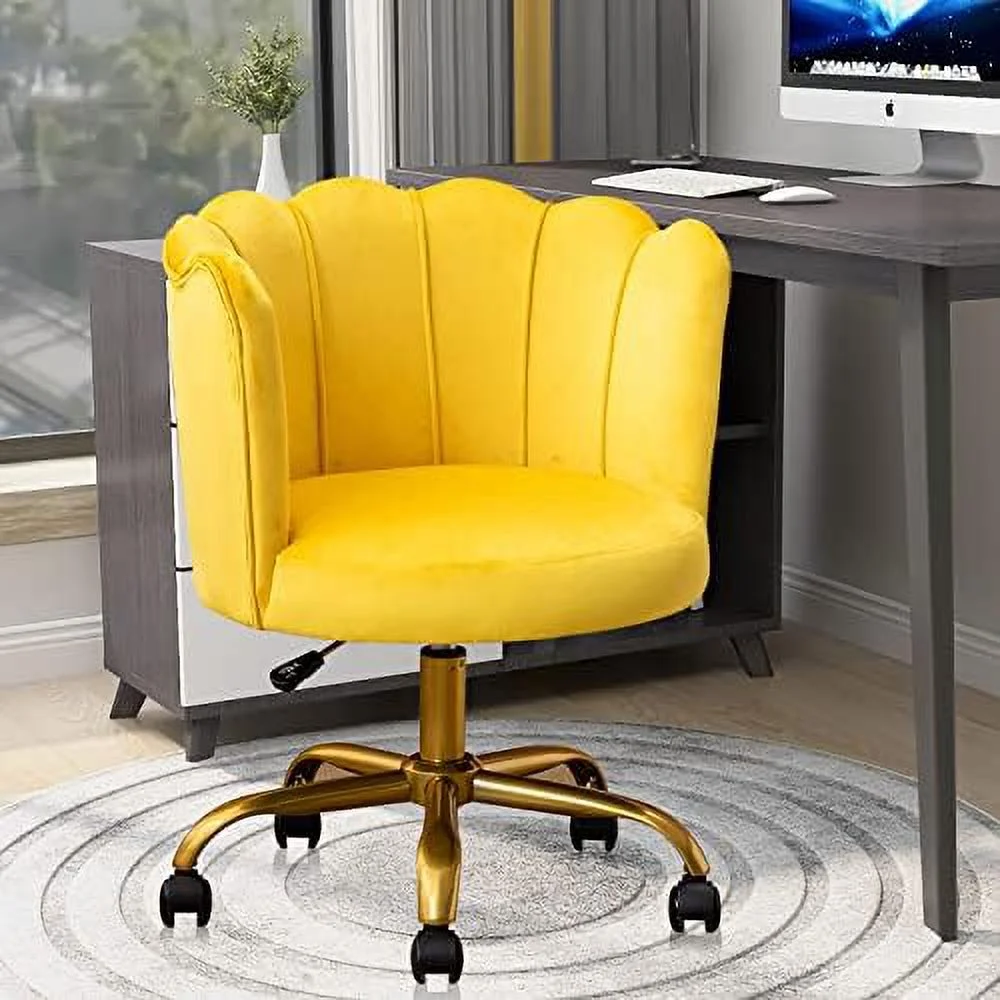 TJUNBOLIFE Velvet Desk Chair  Modern Upholstered Home Office Computer Chair with Gold Base  Elegant Vanity Chair Cute Swivel Chair for Womens Girls