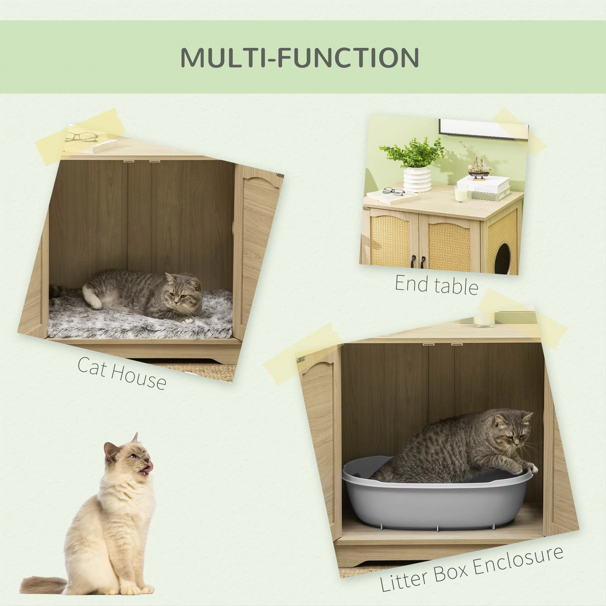 PawHut Hidden Litter Box Enclosure Cat Washroom Furniture with Cushion Double Doors Wooden Pet House End Table, Oak - Radiant Selections