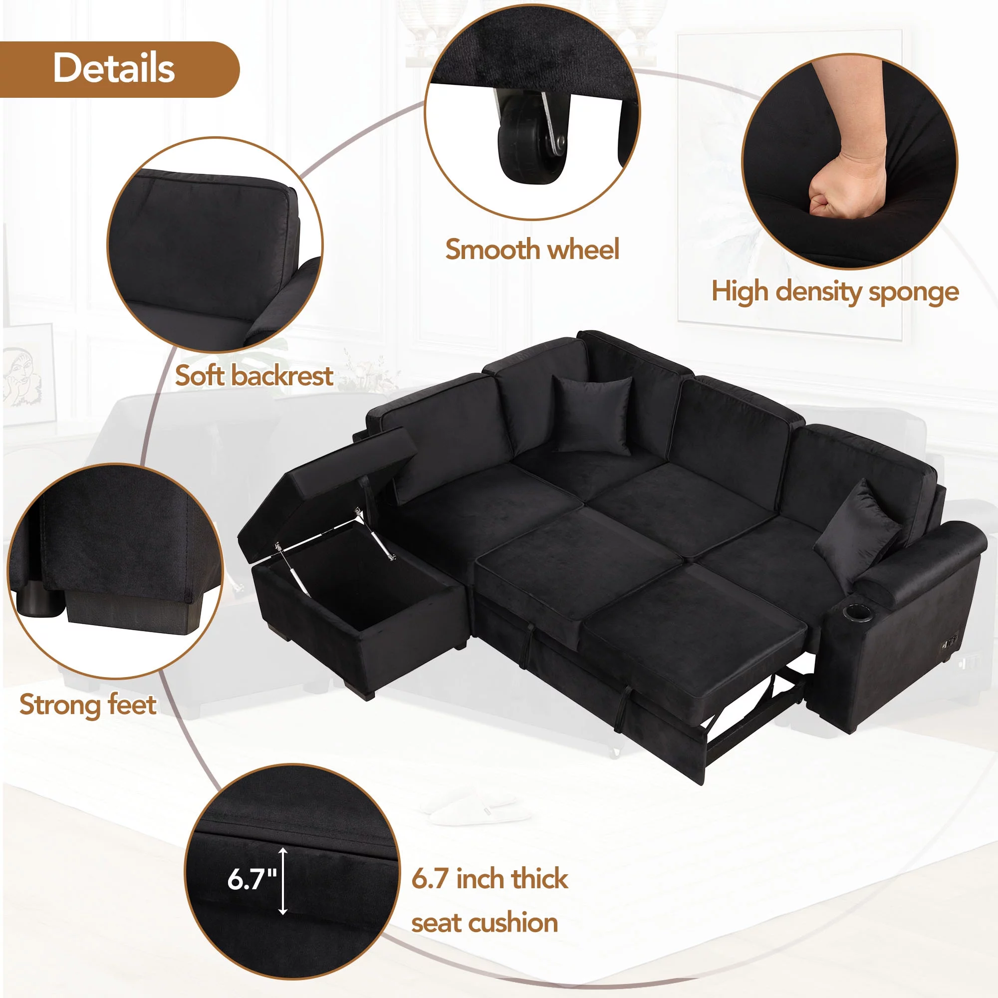 Soges Sleeper Sofa Bed 5 Seat, L Shape Sofa with Pull Out Bed Velvet Couch with USB Ports and Storage Ottoman for Living Room Bedroom, Black