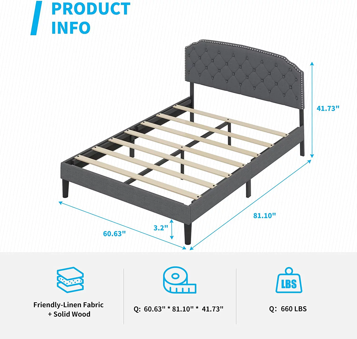 Mjkone Queen Size Platform Bed Frame with Diamond Button Tufted Upholstered Headboard,Stylish Modern Soft Bed Frame with Sturdy Wood Slat Support