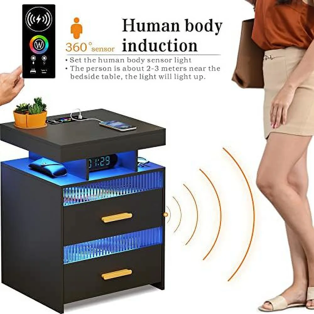 Nightstands Set of 2 with Charging Station  Smart Beside Table with 2 Drawers &amp; Touch Control LED Lights