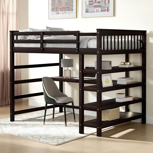 Full Size Loft Bed with L-Shaped Desk, Wardrobe and Storage Shelves, Solid Wood Bedframe w/Safety Guardrails & Ladder for Kids Teens Adults
