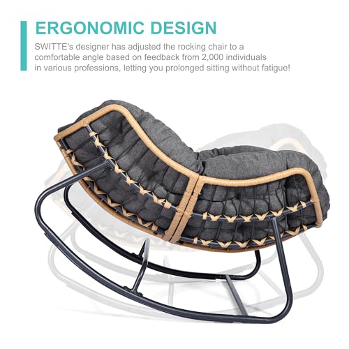 SWITTE Outdoor Rocking Chair, Oversized Patio Papasan Rocker, Comfy Wicker Reading Lounge, Indoor Egg Chair for Bedroom, Living Room, Porch, Garden