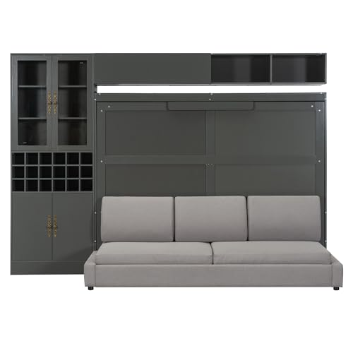 Queen Size Murphy Bed with Sofa, Shelves, USB & Light, Can be Folded Wall Bed and Tall Cabinet with Glass Doors& Wine Rack