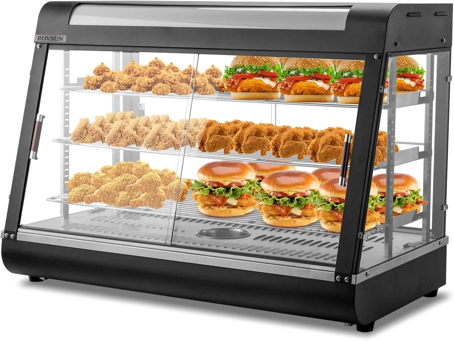 ROVSUN 35" Pizza Warmer Food Warmer Display, 3-Tier Electric Food Warmer Commercial Countertop w/LED Lighting Adjustable Removable Shelves Glass Door