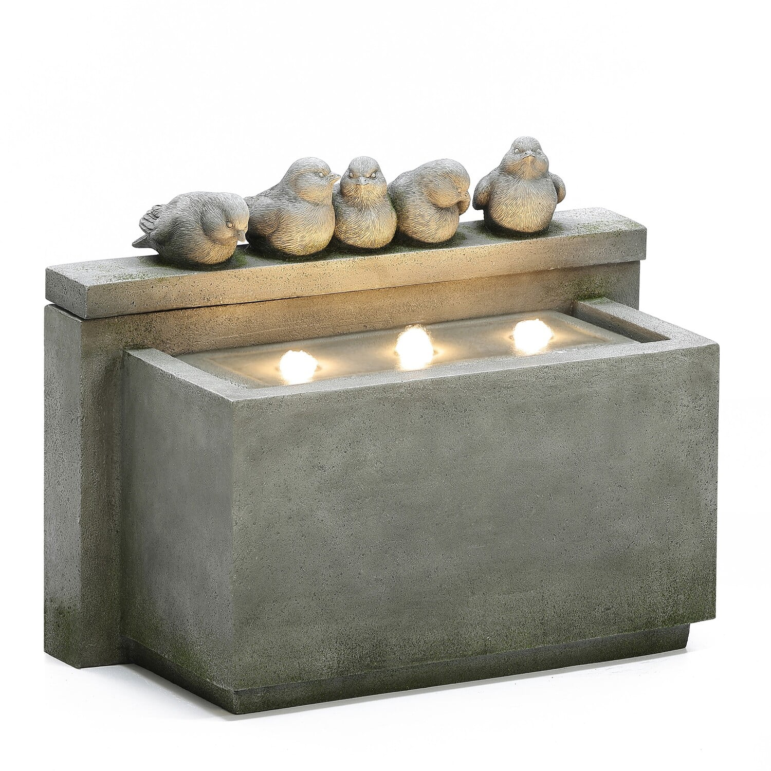 LuxenHome Gray Rectangular and Birds Resin Outdoor Bubbler Fountain with Lights