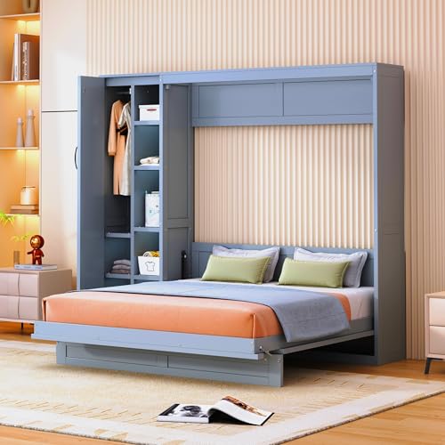Queen Size Murphy Bed Wall Bed with Desk and Closet,Drawers and Shelves,for Small Spaces Studio Study Office Guest Room Use (Gray#Desk, Queen)