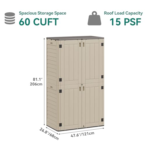 YITAHOME 60 cuft Vertical Outdoor Storage Shed w/o Shelf, Large Waterproof Storage Cabinet for Garden Shed, Tall Outdoor Storage Shed for Garage