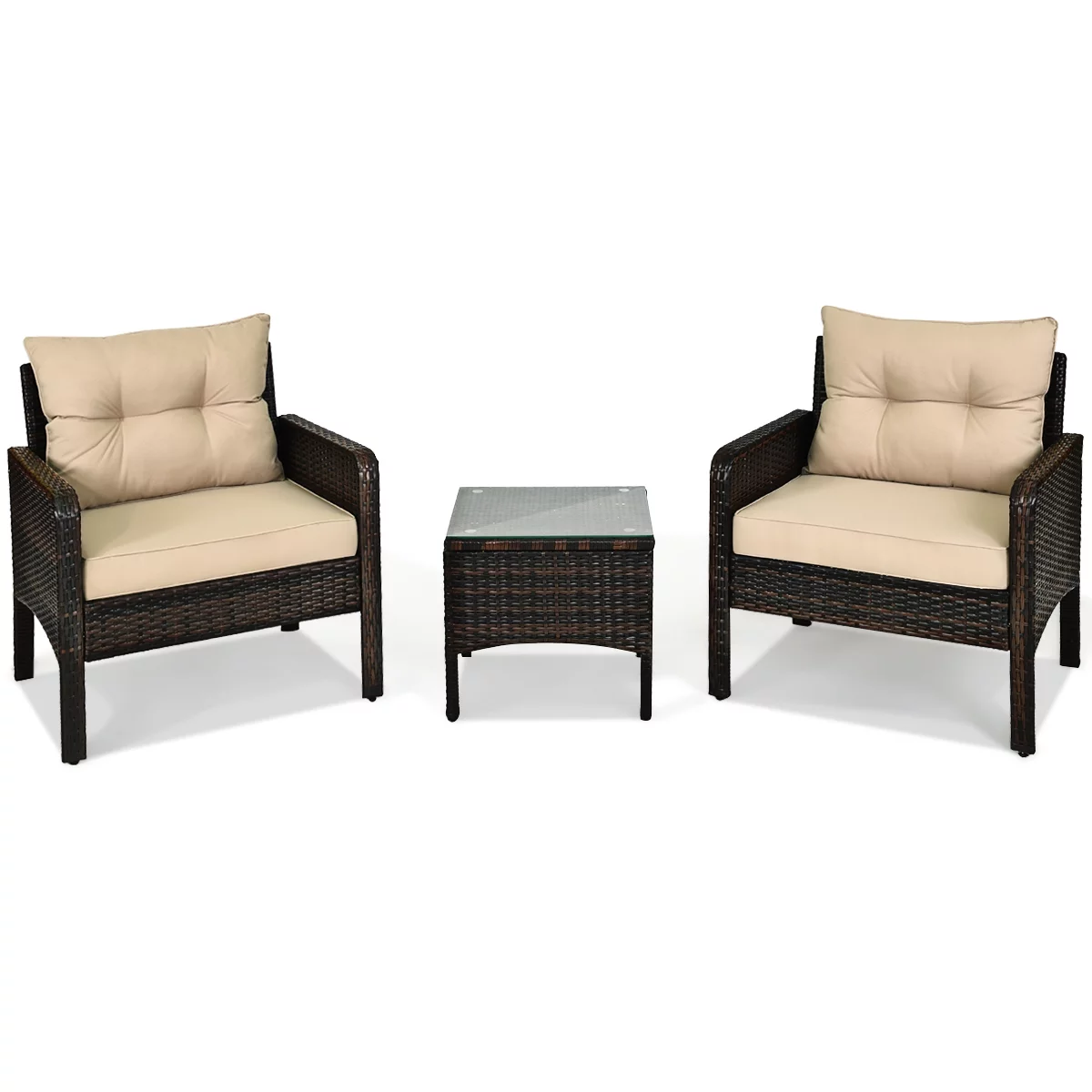 Gymax 3PCS Patio Outdoor Rattan Furniture Set Brown w/ Cushioned Chairs Coffee Table