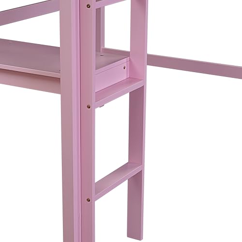 Low Loft Bed Twin Size, Kids Solid Wood Modern Loft Bed Frame with Ladder and Safety Guardrail for Girls Boys, Noise-Free,Non-Toxic Finishes