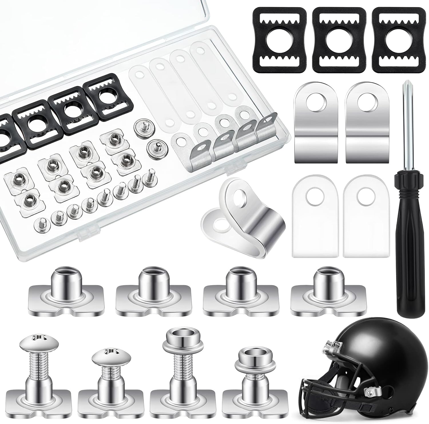 26 Pcs Helmet Repair Kit Include Helmet Chin Strap Screwdriver 4 Pcs R Shape Football Visor Clips 12 Screws with Nuts 4 Rubber Gaskets 4 Helmet