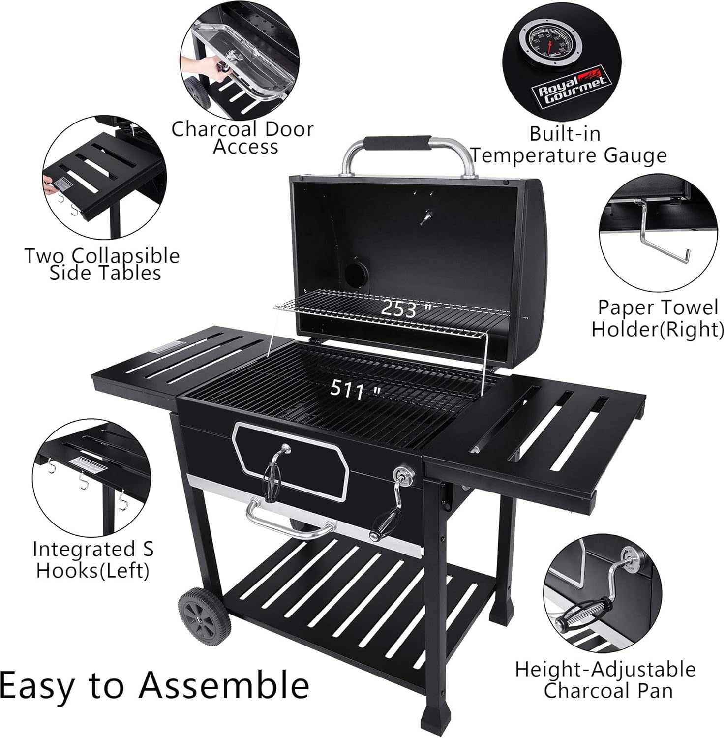 Royal Gourmet CD2030AN 30-Inch Charcoal Grill, Deluxe BBQ Smoker Picnic Camping Patio Backyard Cooking, Black
