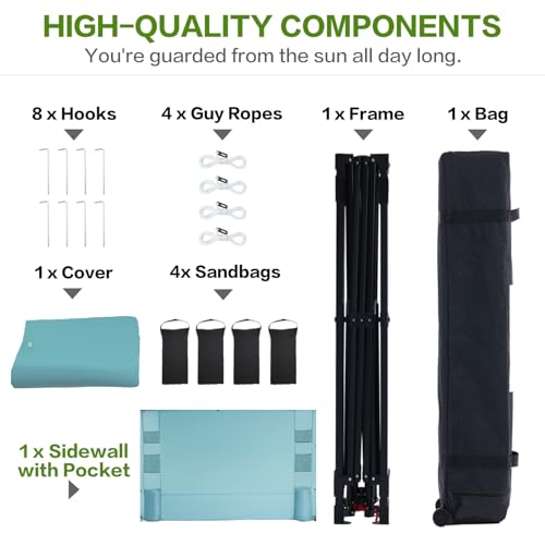10'x10' Pop Up Canopy Tent with 1 Sidewall and 6 Pockets, One Push Setup, Instant Shade Tent with Vented Roof for Beach Patio Outdoor, Case, 8 Stakes