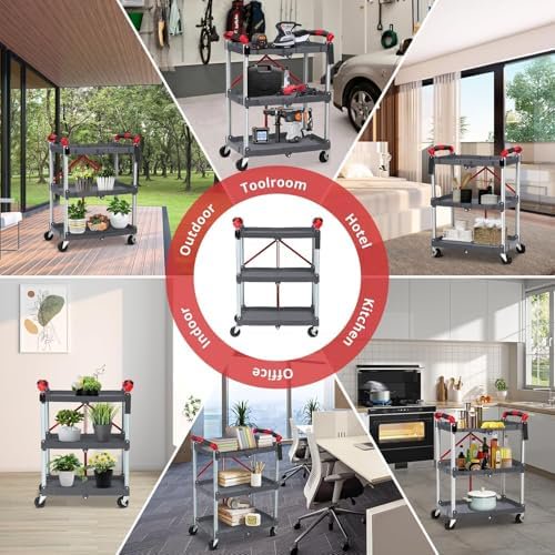 3-Tier Holds Foldable Utility Carts, Collapsible Service Rolling Carts with Wheels， for Home, Office, Garage