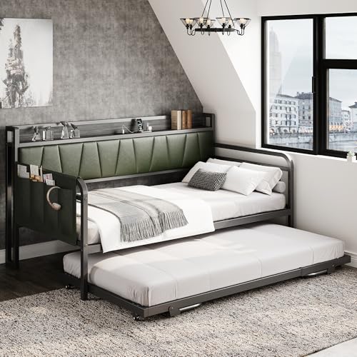 LIKIMIO Daybed with Trundle Bed, Twin Bed Frame with Storage Headboard and Charging Station, Sofa Day Bed with Strong Supports for Living Room