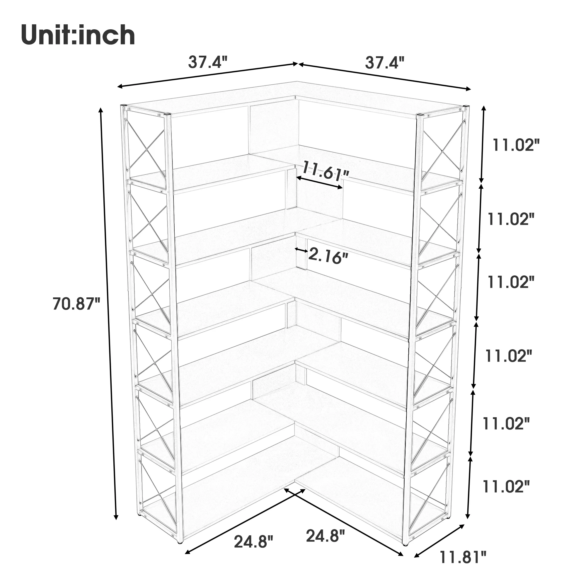 Industrial 7 Tier L-Shaped Corner Bookshelf, Large Home Office Bookcase with Metal Frame, Tall Storage Shelf Display Rack