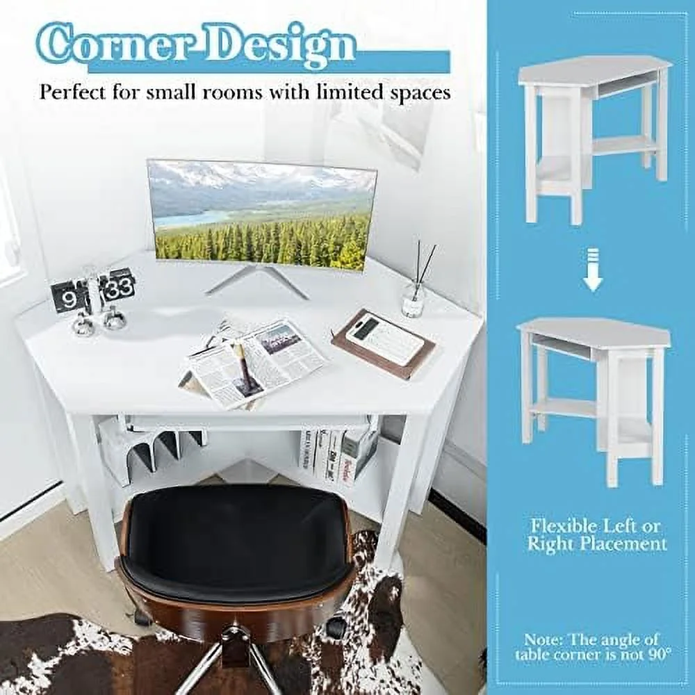 YZboomLife Corner Computer Desk  Triangle Corner Desk with Keyboard Tray and  Shelves  Compact Corner Writing Desk  Work Desk for Home Office  Small