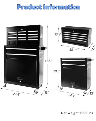 5-Drawer Rolling Tool Chest, Modular Tool Cabinet with Brake Casters & Removable Drawers, Workshop Toolbox Cart for Factory/Garage, Black