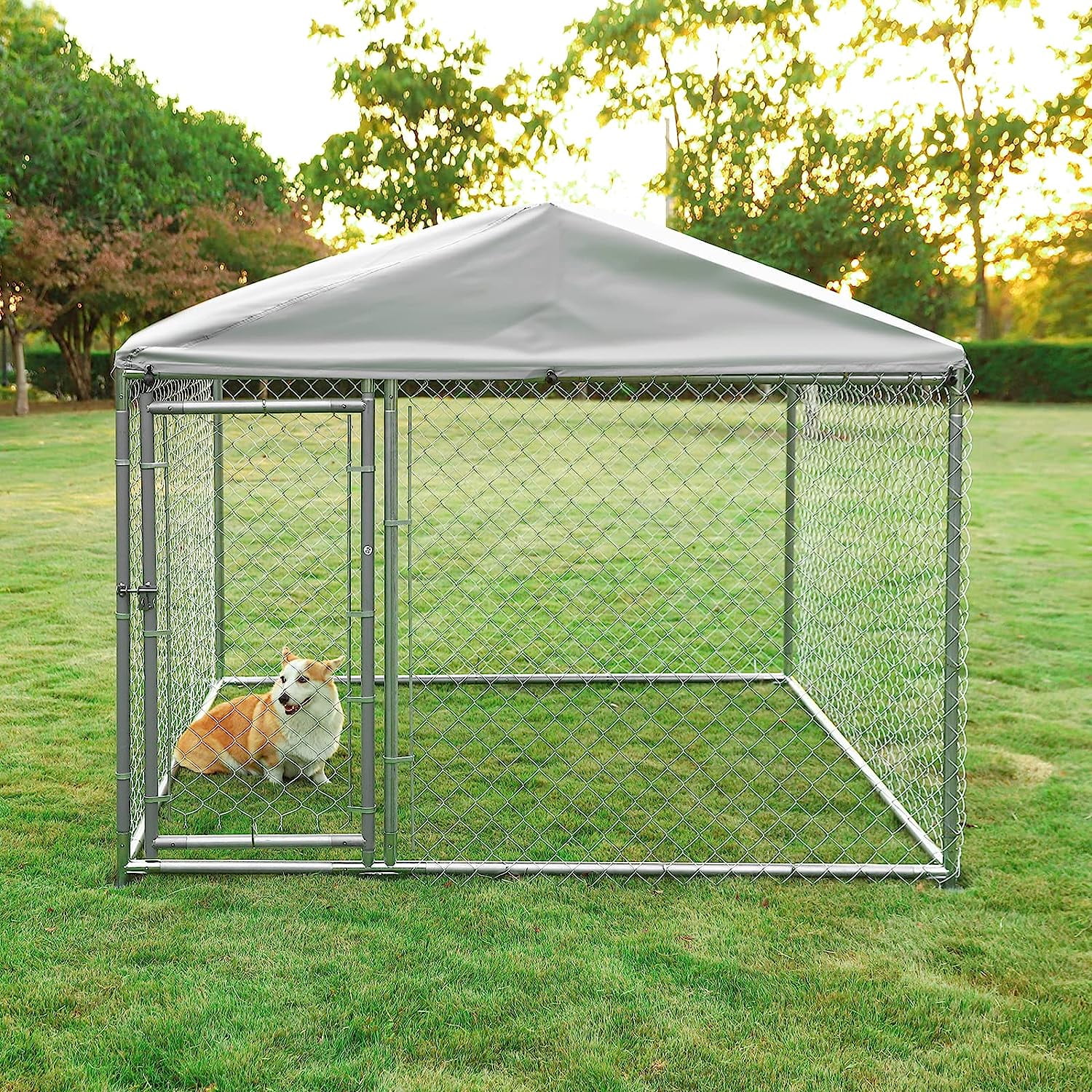VIVIJASON Outside Dog Run House Pet Enclosure, Large Outdoor Dog Kennel with Galvanized Chain Link