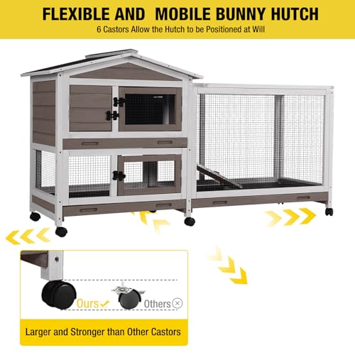 Aivituvin Rabbit Hutch 93.7" Large Rabbit Cage Indoor Outdoor Guinea Pig Cage Chicken Coop on Wheels Bunny Cage with 4 Deep No Leakage Pull Out Tray