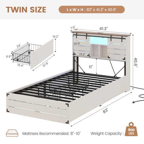 VIAGDO Wooden Bed Frame Queen Size with Bookcase Headboard and Sliding Barn Door, Farmhouse Queen Bed Frame with Charging Station
