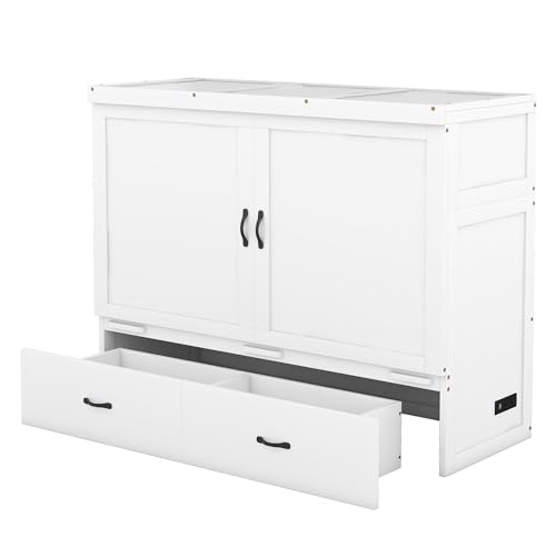 Ball & Cast Queen Size Solid Pine Murphy Bed Chest,Cabinet Hideaway Bed with Charging Station and Large Storage Drawer,Wood Wall Bed can be Folded