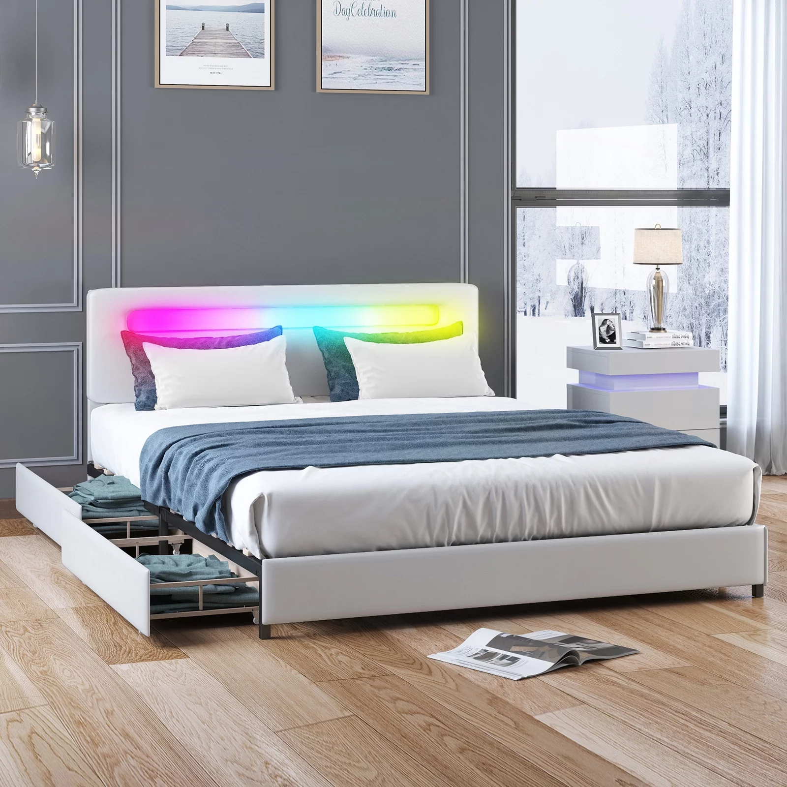 Mjkone King Bed Frame with 4 Storage Drawers, RGB LED Bed Frame with Adjustable Headboard by App Control, Works with Alexa